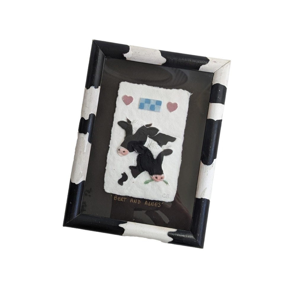 Vintage 1990's‎ Figi Graphics Holstein Cow Framed Art Hand Cast Paper Wall Decor